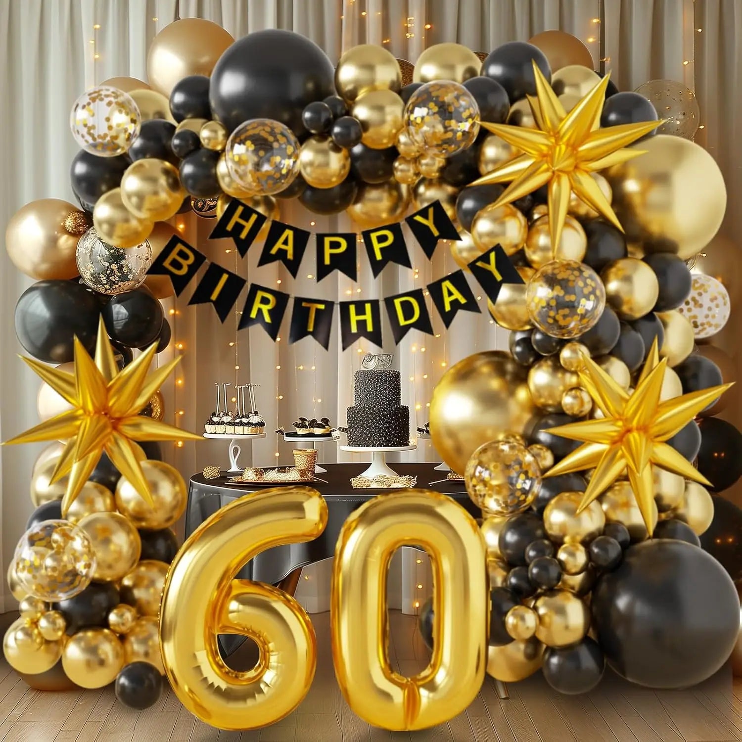 50th Birthday Decorations for Men and Women, Happy 60th Birthday Banner Balloons Arch Kit, Black and Gold 40 Balloon Numbers
