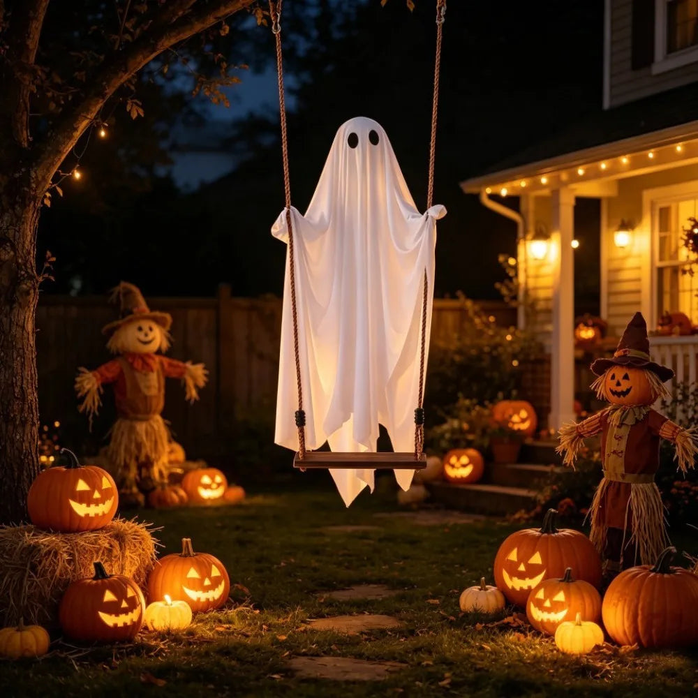Halloween Hanging Swing Ghost with LED Lights & Remote Control