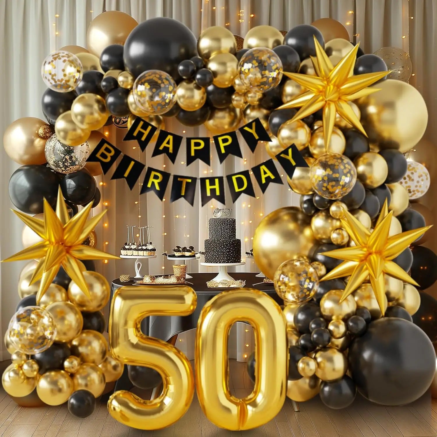 50th Birthday Decorations for Men and Women, Happy 60th Birthday Banner Balloons Arch Kit, Black and Gold 40 Balloon Numbers
