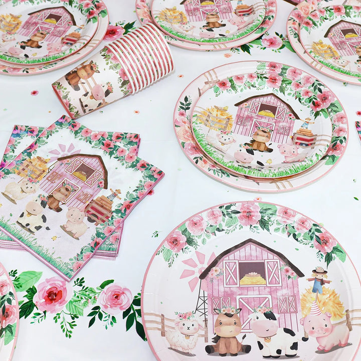 Pink Farm Animals Birthday Decor Disposable Tableware Set Paper Banner Floral Plates Baby Shower Girl Birthday Party Decorations