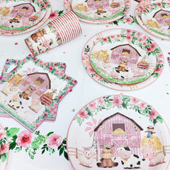 Pink Farm Animals Birthday Decor Disposable Tableware Set Paper Banner Floral Plates Baby Shower Girl Birthday Party Decorations