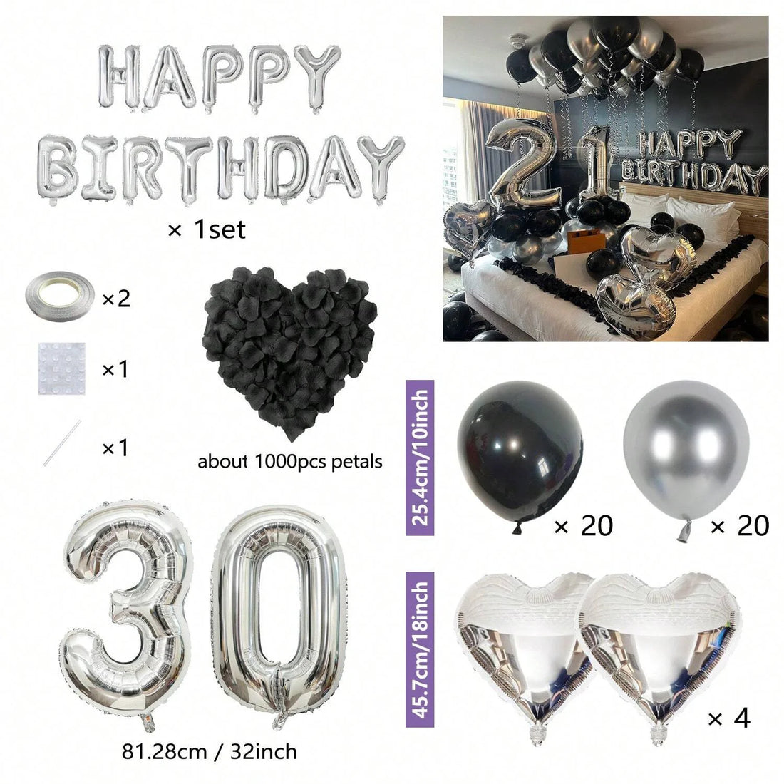 Black & Silver Birthday Party Balloon Decoration Set