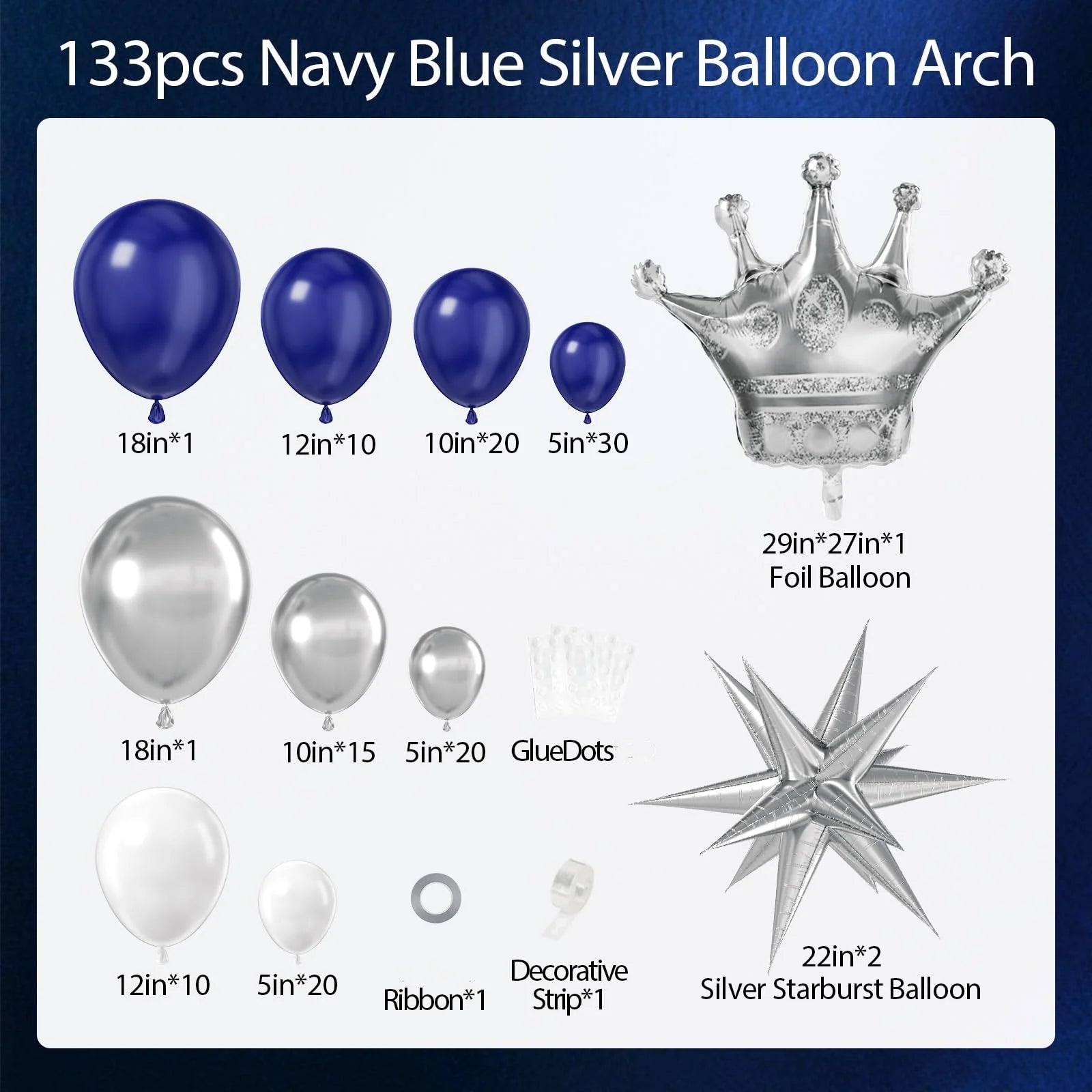 133Pcs Navy Blue and Silver Balloon Garland Arch Kit with Starburst-balloons for Graduation Wedding Anniversary Birthday Decor