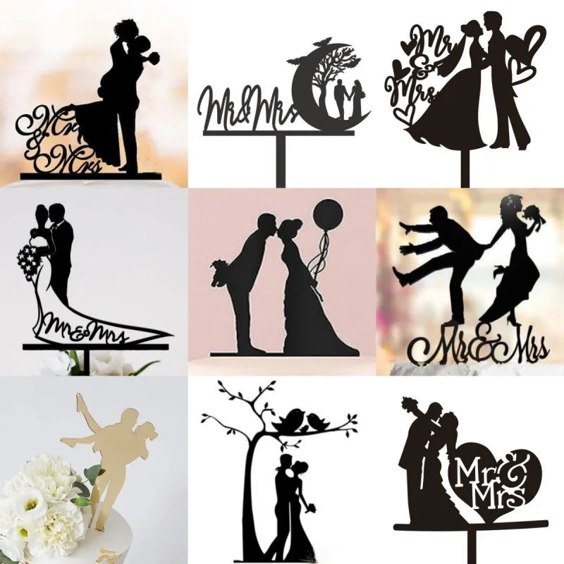 Ins Mr&Mrs Happy Wedding Cake Topper Black Acrylic Bride Groom Valentine's Day Party Cake Topper Wedding Gift Dessert Decoration