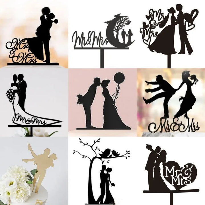 Ins Mr&Mrs Happy Wedding Cake Topper Black Acrylic Bride Groom Valentine's Day Party Cake Topper Wedding Gift Dessert Decoration