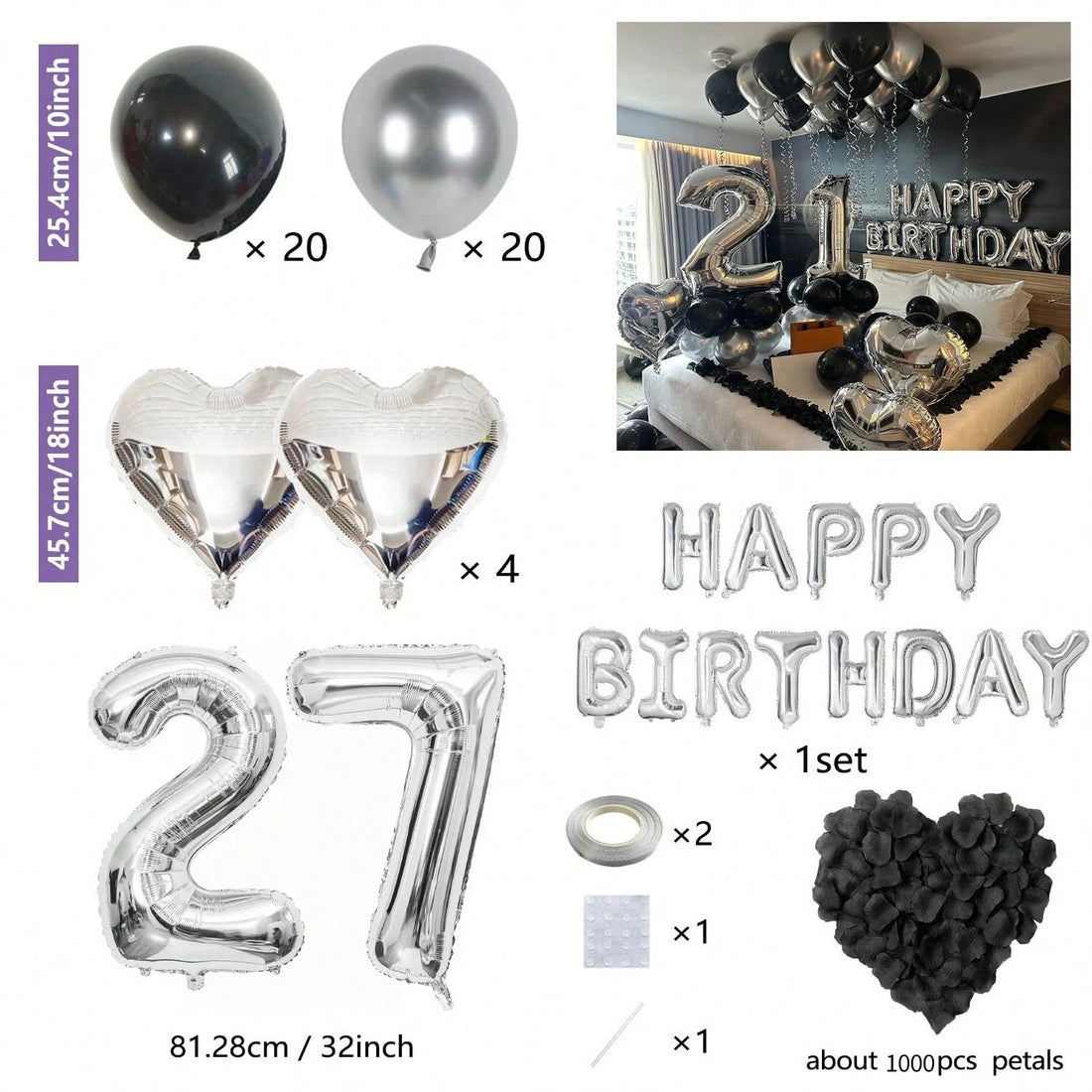 Black & Silver Birthday Party Balloon Decoration Set