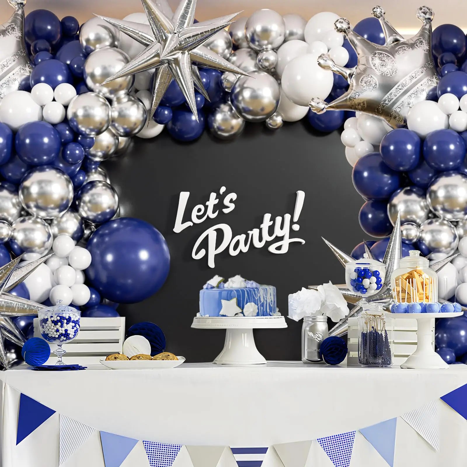 133Pcs Navy Blue and Silver Balloon Garland Arch Kit with Starburst-balloons for Graduation Wedding Anniversary Birthday Decor