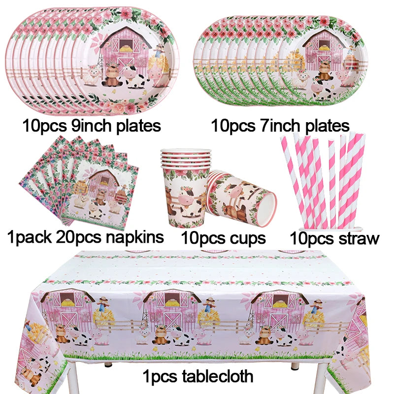 Pink Farm Animals Birthday Decor Disposable Tableware Set Paper Banner Floral Plates Baby Shower Girl Birthday Party Decorations