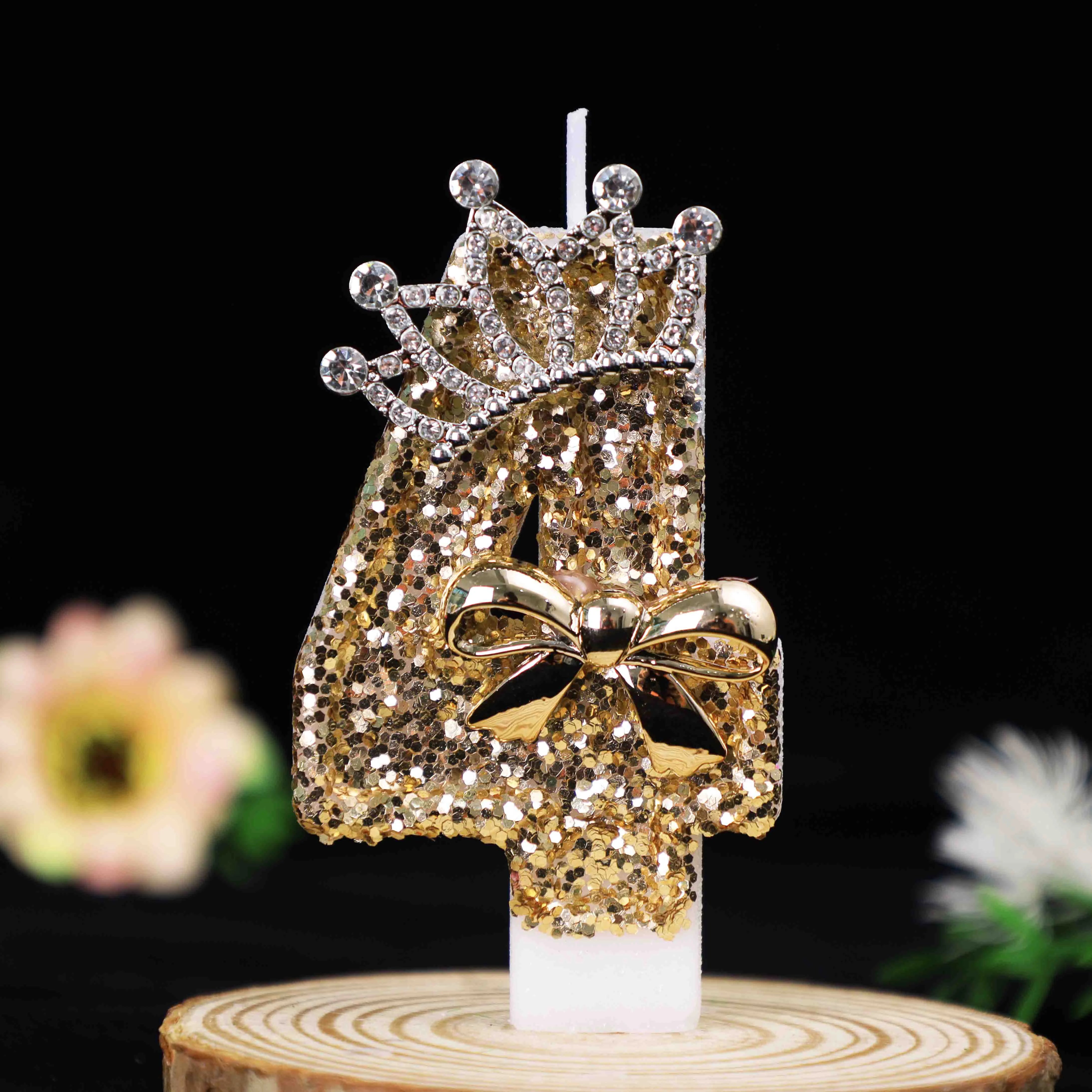 Luxury Gold Glitter Crown Number Birthday Candles, Rhinestone Bow Cake Topper, Atmosphere Decor for Party, Wedding, 18th Birthda