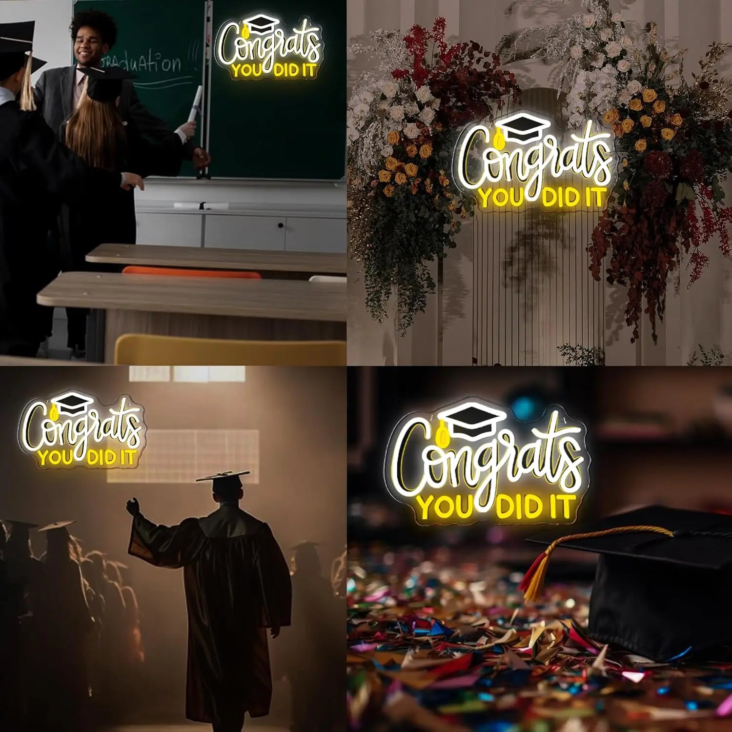 Congrats You Did It Neon Sign USB Dimmable LED Graduation Cap Neon Light for Graduation Party Celebratory Room Wall Decor Gift ﻿