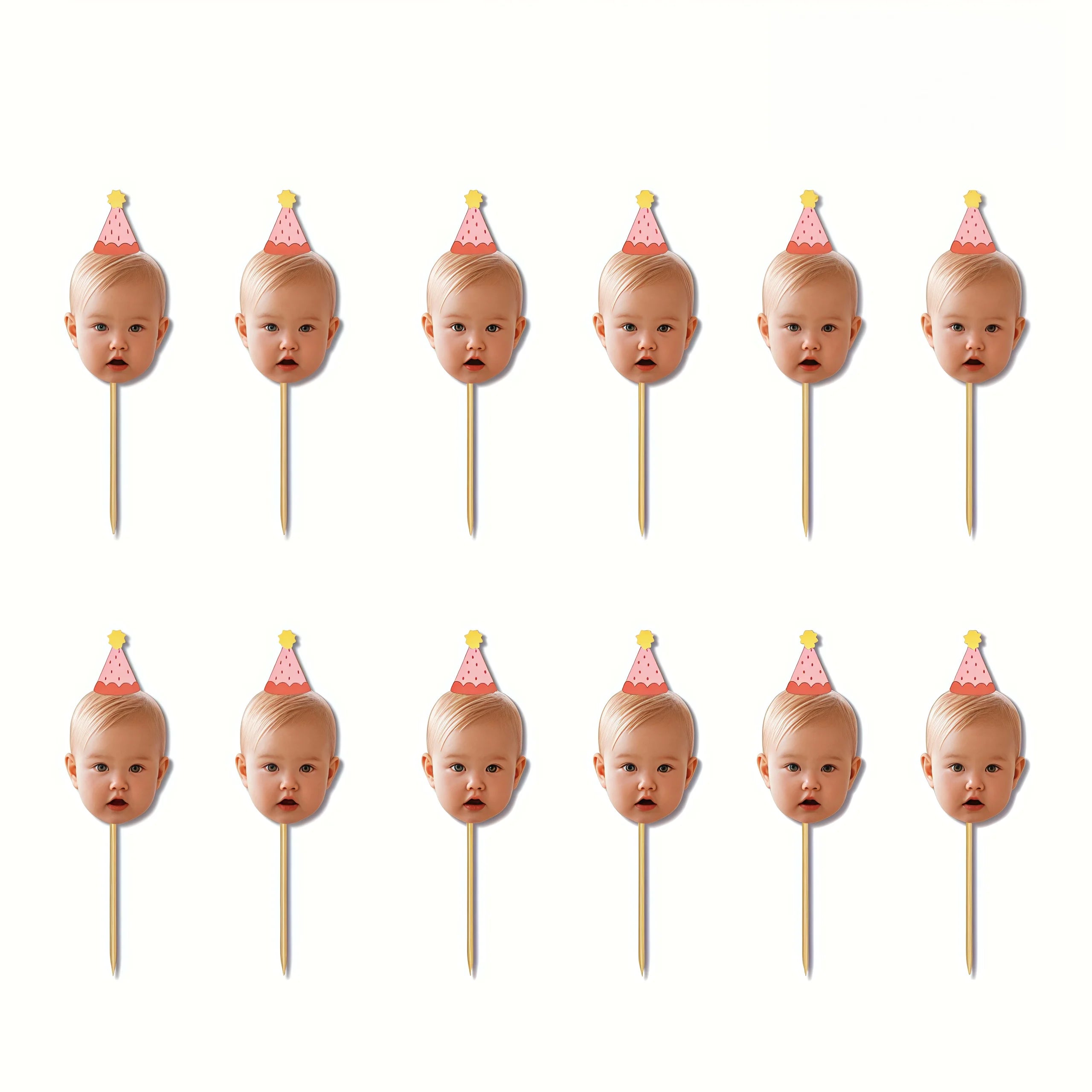 Custom Baby Photo Cupcake Toppers, Personalized Face Cake Picks with Party Hats for Kids 1st Birthday Party Decorations