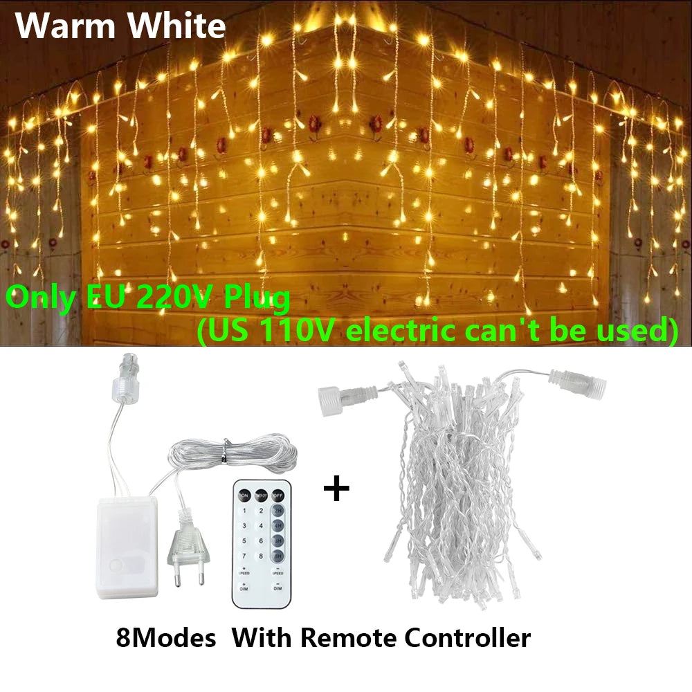 40M LED Curtain Icicle String Fairy Lights Garland Remote Outdoor For Christmas New Year Birthday Wedding Street Holiday Decor