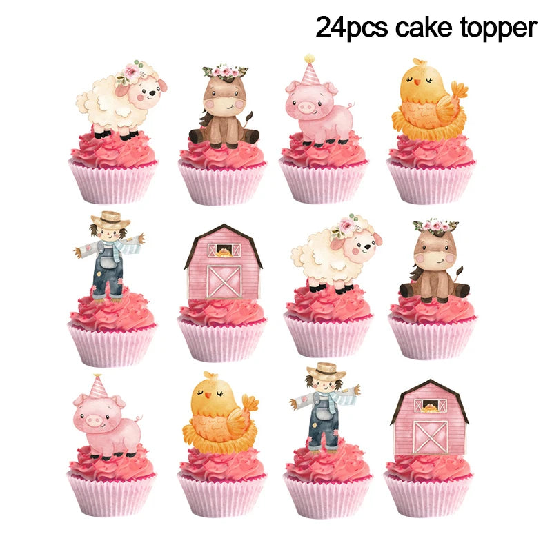 Pink Farm Animals Party Tableware & Decoration Set