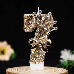 Luxury Gold Glitter Crown Number Birthday Candles, Rhinestone Bow Cake Topper, Atmosphere Decor for Party, Wedding, 18th Birthda