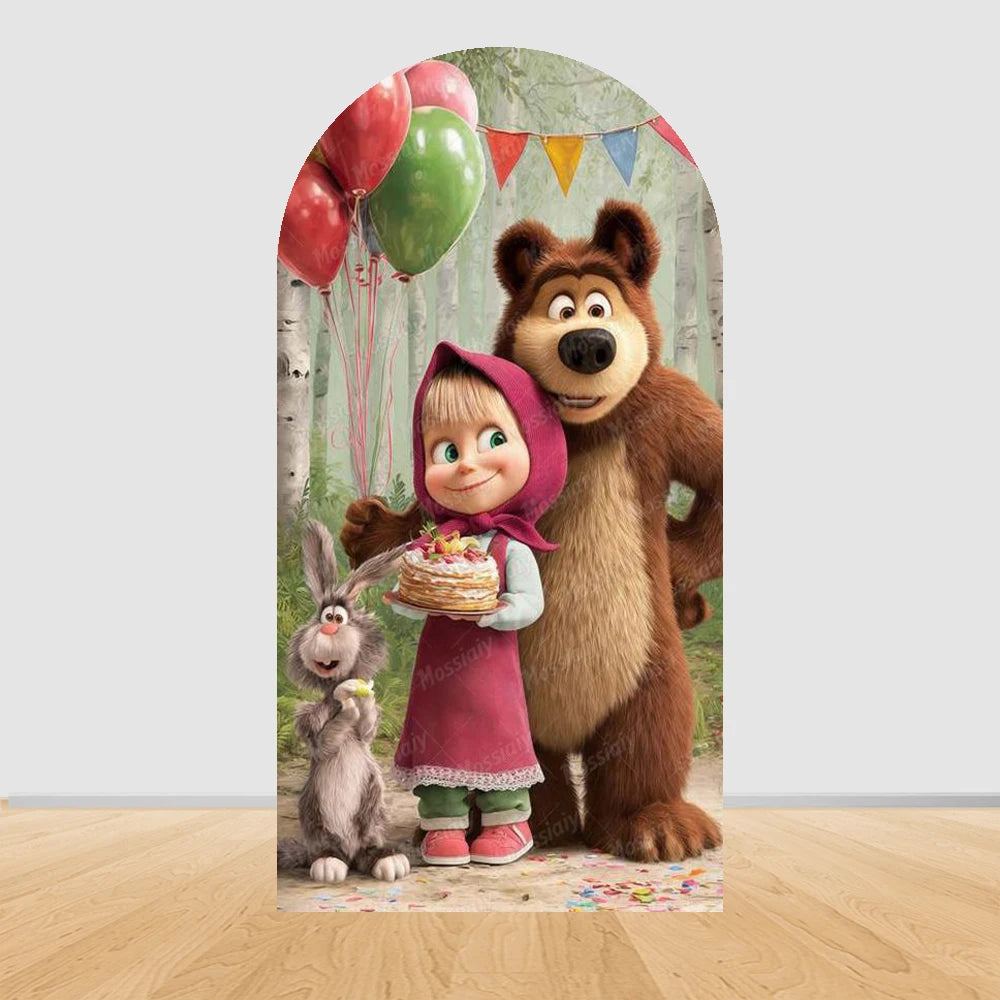 Children's Birthday Theme Arch Backdrop Girl and Bear Baby Shower Party Decor Kids Baptism Photo Photography Background Supplies