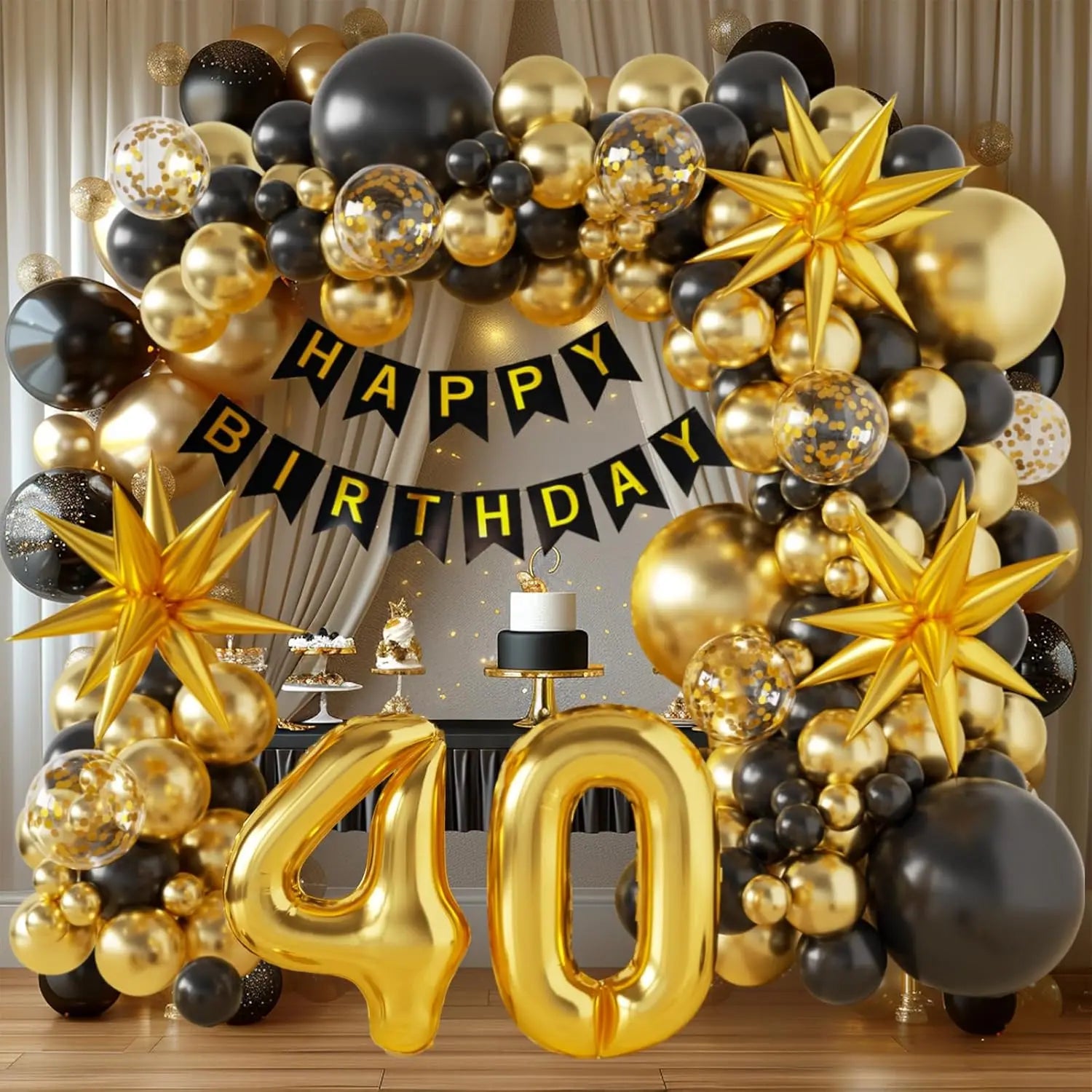50th Birthday Decorations for Men and Women, Happy 60th Birthday Banner Balloons Arch Kit, Black and Gold 40 Balloon Numbers