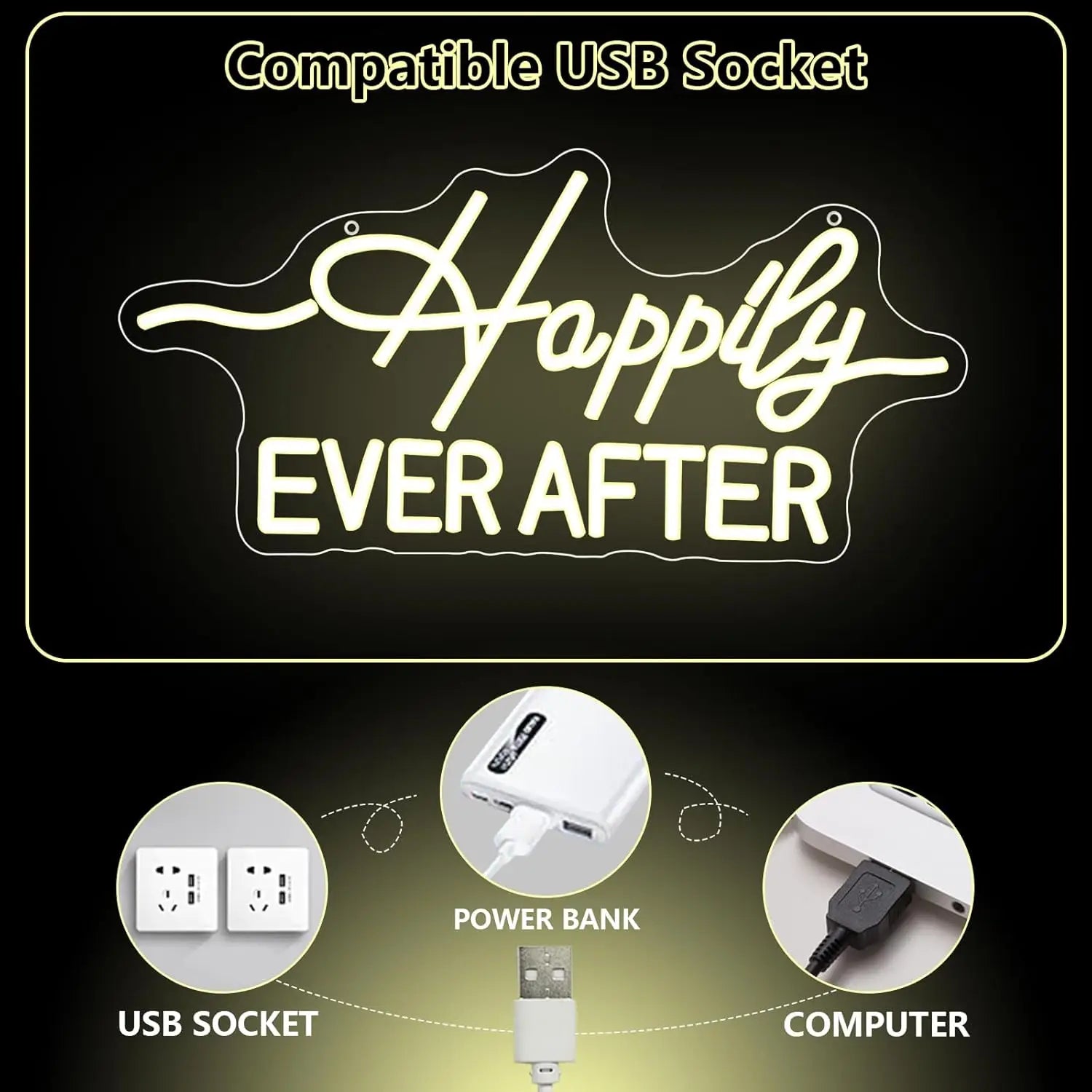 Happily Ever After Neon Sign USB Powered LED Light for Bachelorette Bridal Engagement Party Bedroom Decorations Art Wall Lights