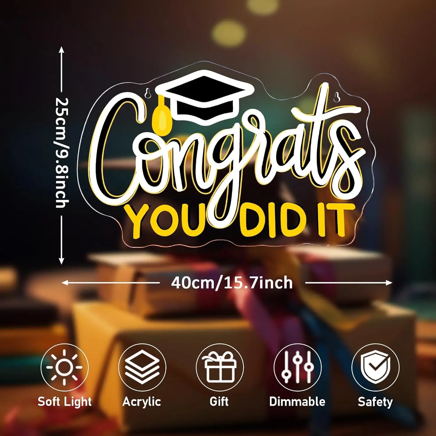 Congrats You Did It Neon Sign USB Dimmable LED Graduation Cap Neon Light for Graduation Party Celebratory Room Wall Decor Gift ﻿