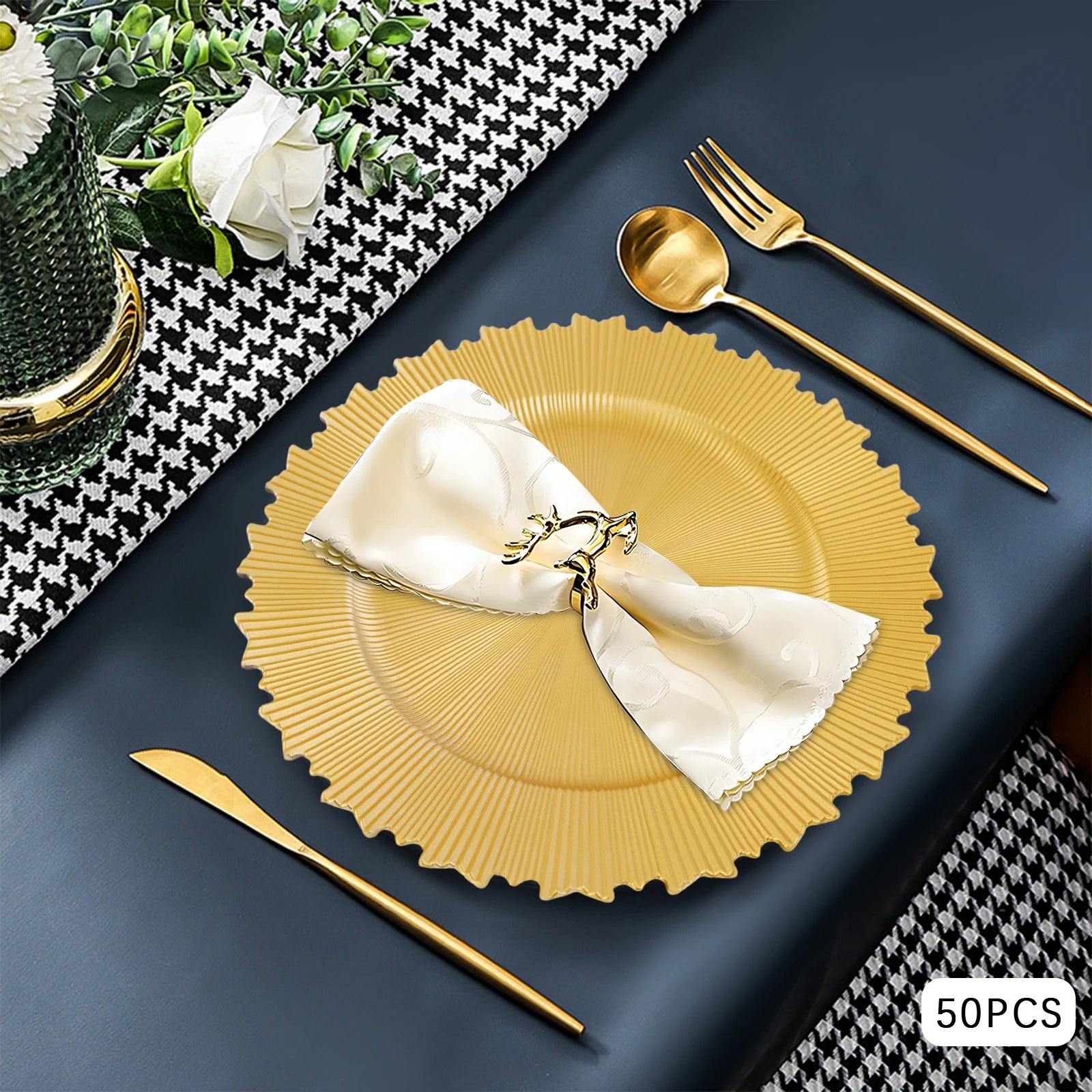 50pcs Gold Charger Plates Set, 33cm/13in Round Charger Plates, for Wedding Party Baby Shower , Restaurants Table Decor