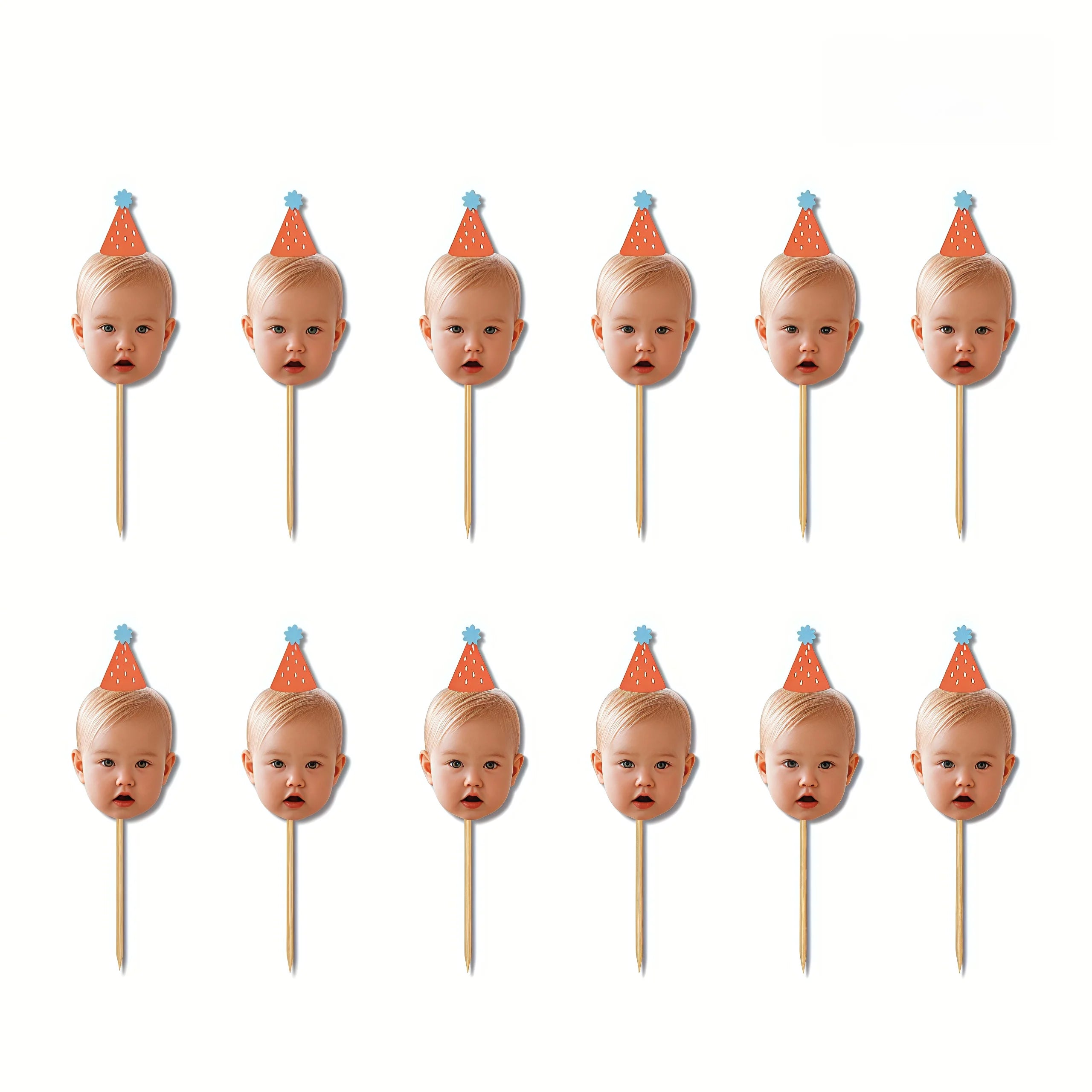 Custom Baby Photo Cupcake Toppers, Personalized Face Cake Picks with Party Hats for Kids 1st Birthday Party Decorations