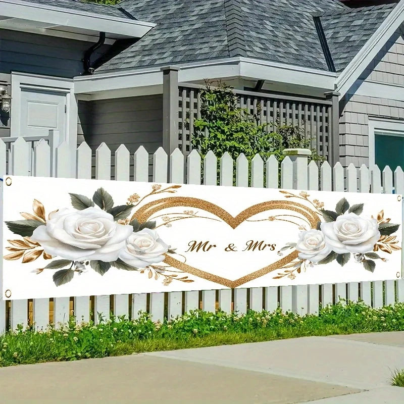 VIKAMA Mr & Mrs Wedding Banner, White Rose Gold Heart Backdrop, Bridal Shower Engagement Party Decor, Outdoor Garden Yard Sign