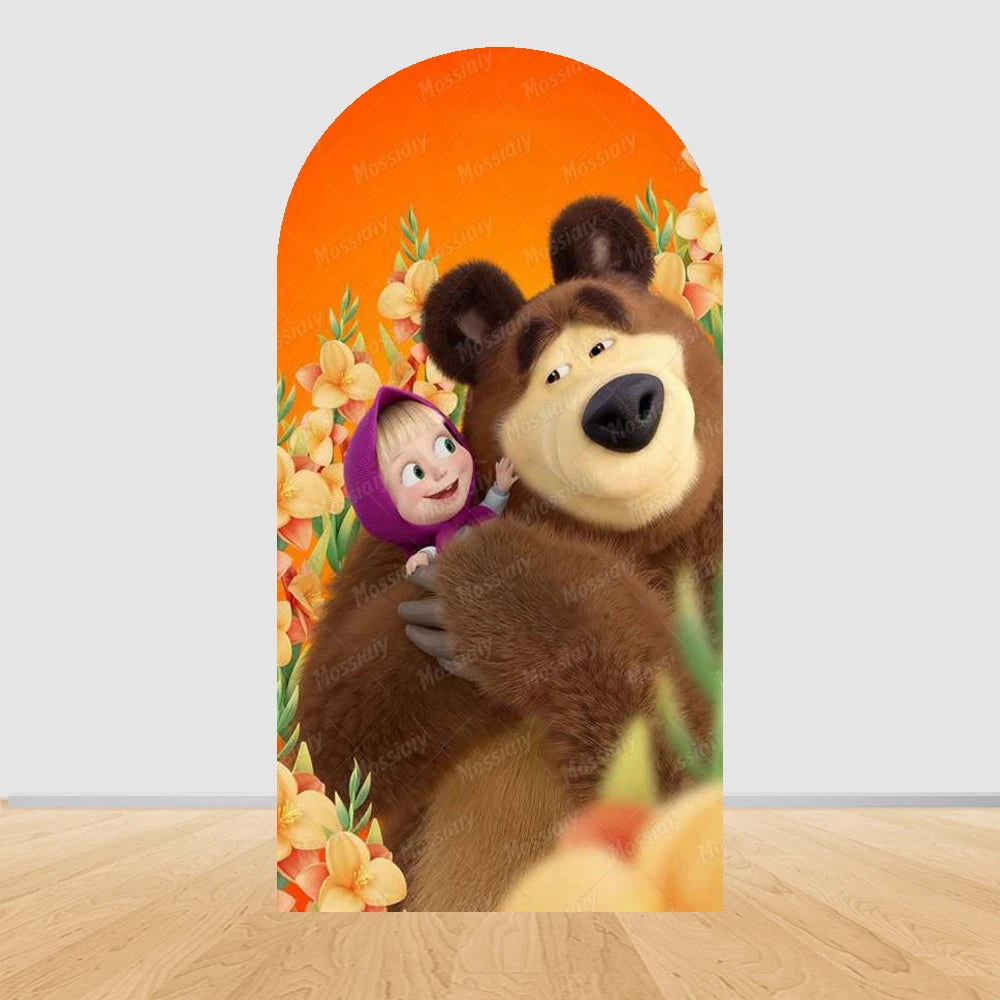 Children's Birthday Theme Arch Backdrop Girl and Bear Baby Shower Party Decor Kids Baptism Photo Photography Background Supplies