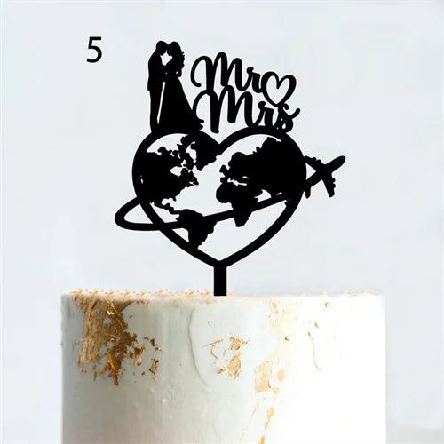 Mr & Mrs Travel Wedding Cake Topper World Map Bride Groom Acrylic Wood Voyage Wedding Theme Couples Anniversary Party Decoration