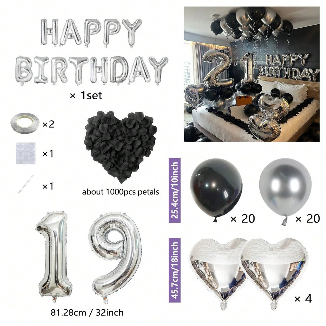 Black & Silver Birthday Party Balloon Decoration Set