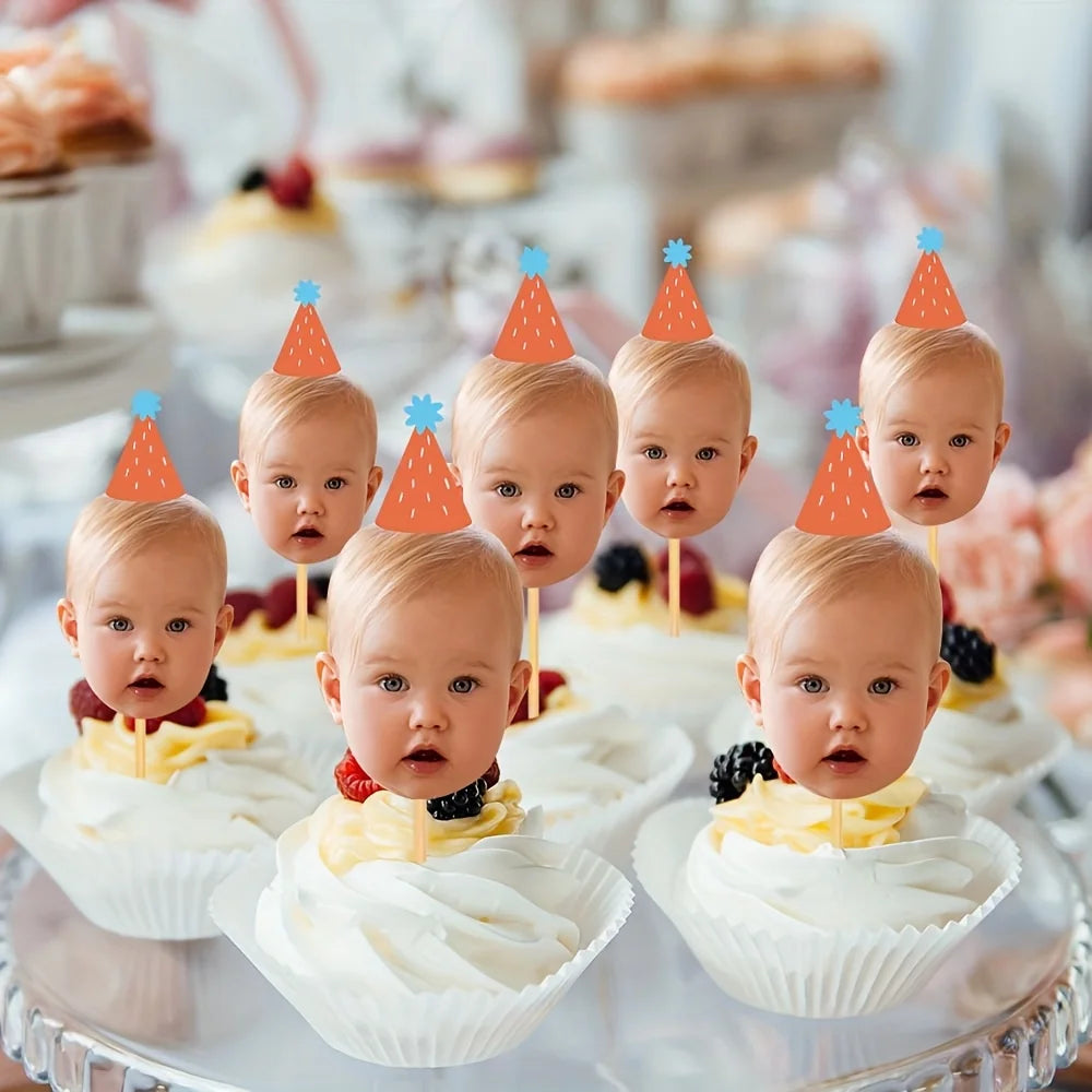Custom Baby Photo Cupcake Toppers, Personalized Face Cake Picks with Party Hats for Kids 1st Birthday Party Decorations