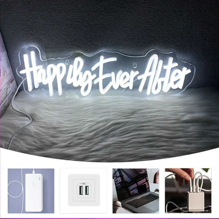 Happily Ever After Neon Light Sign,Led Letters Mark Night Lights For Bachelor Parties, Engagements, Home Wall Party Decor.