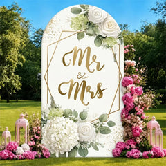 Single Side Arch Backdrop Cover Elegant White Arched Wedding Background with Gold Mr Mrs Calligraphy and Floral Arrangements