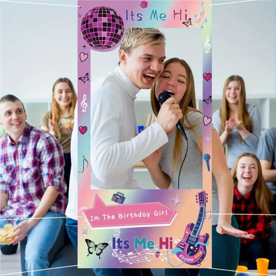 Music Party Pink Photo Booth Props Frame Disco Backdrop Birthday Party Decorations Violin Concert Butterfly Photography Backgrou