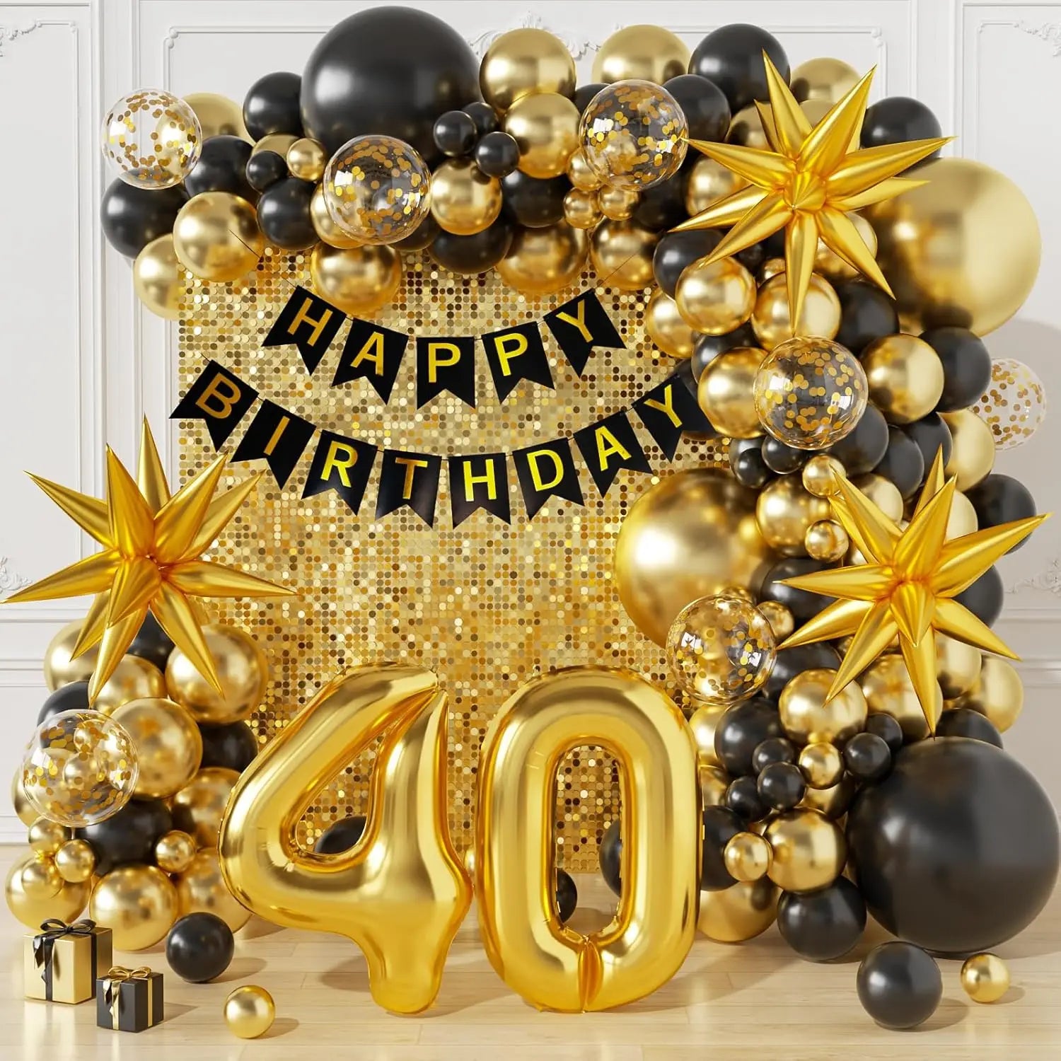50th Birthday Decorations for Men and Women, Happy 60th Birthday Banner Balloons Arch Kit, Black and Gold 40 Balloon Numbers