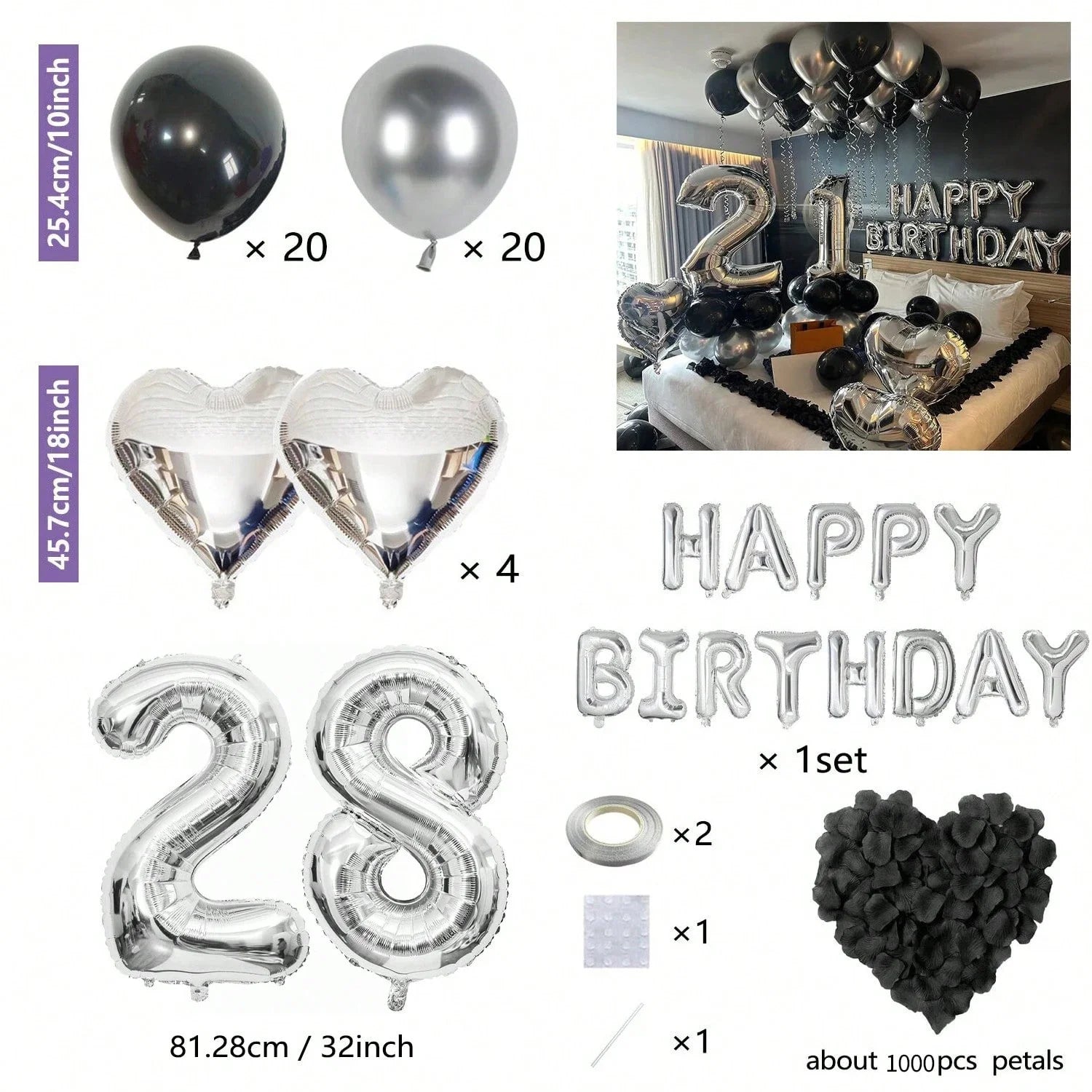 Black & Silver Birthday Party Balloon Decoration Set