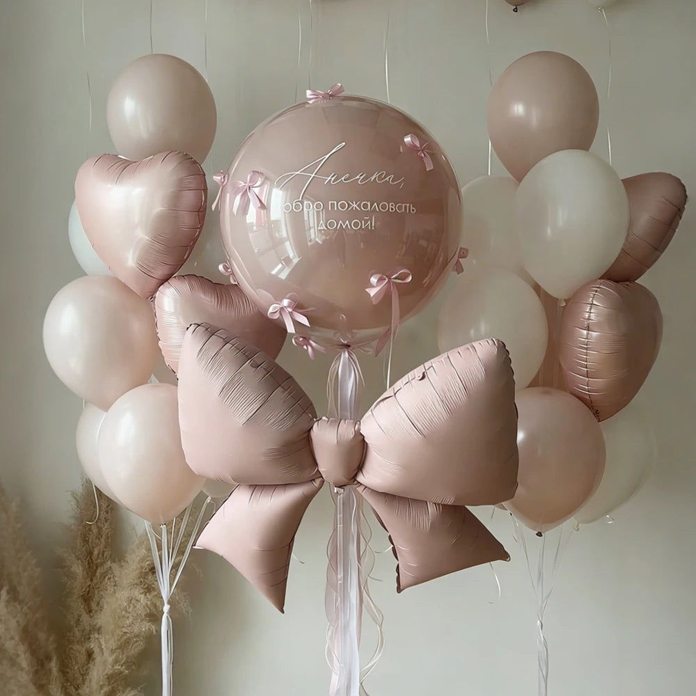 Pink Bow Love Balloon Set Transparent BOBO Balloon Pink Ribbon Bow for Birthday Wedding Shower Mother's Day Balloon Decoration