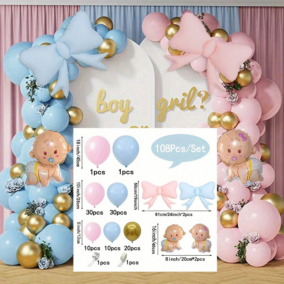 Gender Reveal Balloon Garland Kit with Bow & Baby Balloons - Chrome Metallic Latex for Baby Shower, Birthday Wedding Decor
