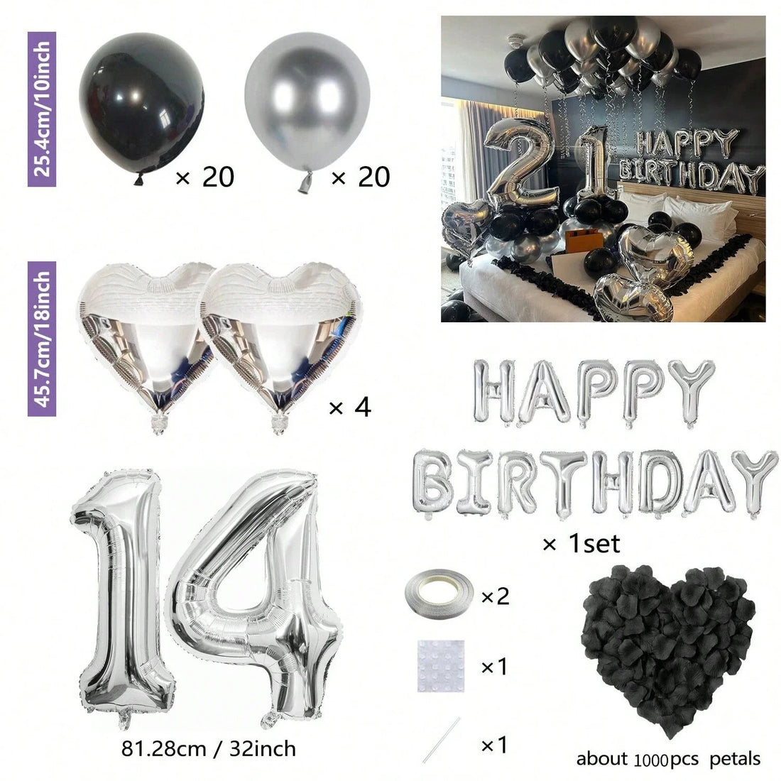 Black & Silver Birthday Party Balloon Decoration Set