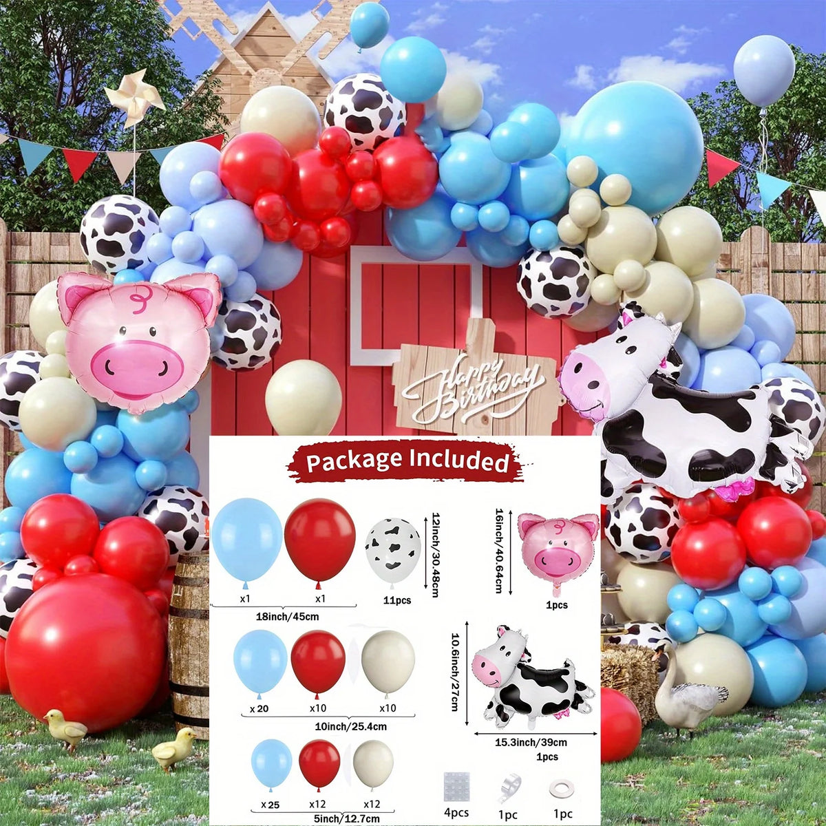 110pcs Red Blue Farm Animal Themed Balloon Garland Arch Kit,suitable for Birthday Farm Themed Birthday Party Decoration Supplies