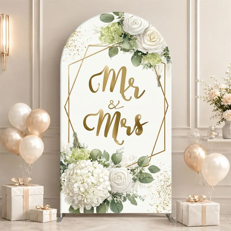 White Arch Backdrop Cover with Gold Mr & Mrs Floral Design