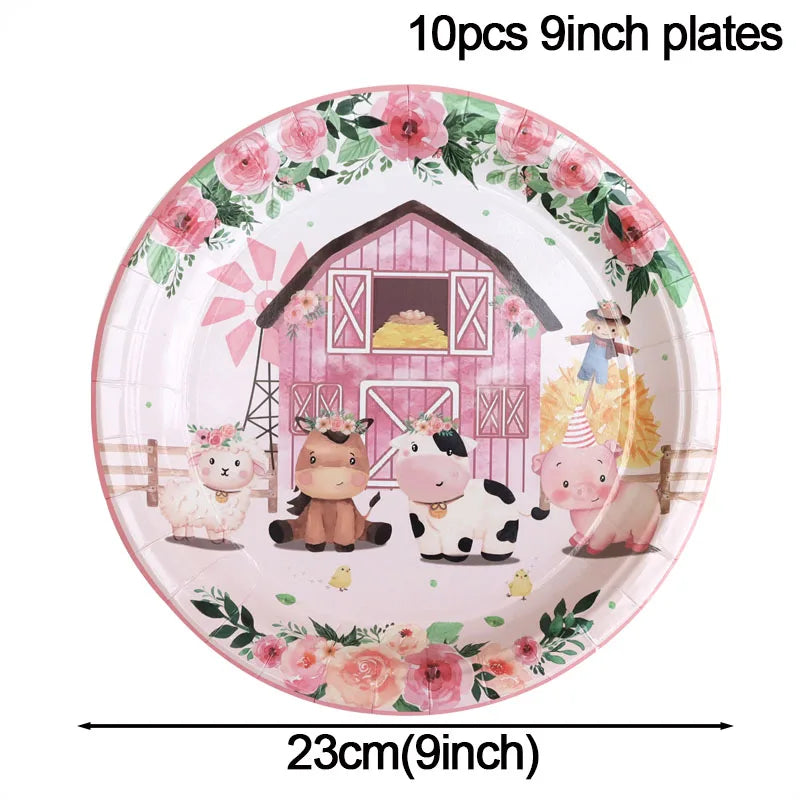 Pink Farm Animals Party Tableware & Decoration Set