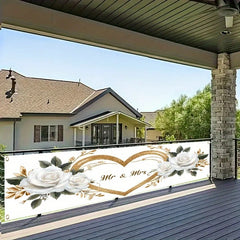 VIKAMA Mr & Mrs Wedding Banner, White Rose Gold Heart Backdrop, Bridal Shower Engagement Party Decor, Outdoor Garden Yard Sign