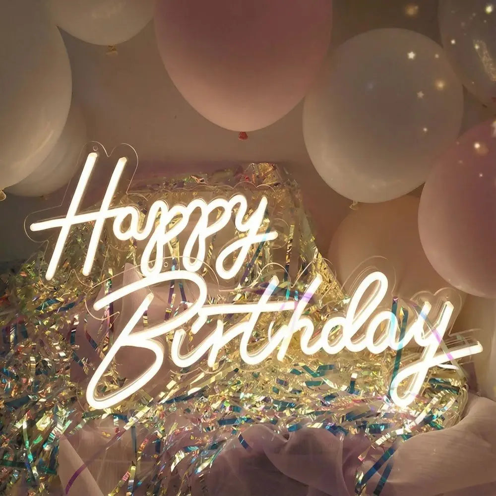 Warm White Happy Birthday Neon Sign for Events Party Decoration Backdrop LED Light Up Sign Wall Hanging