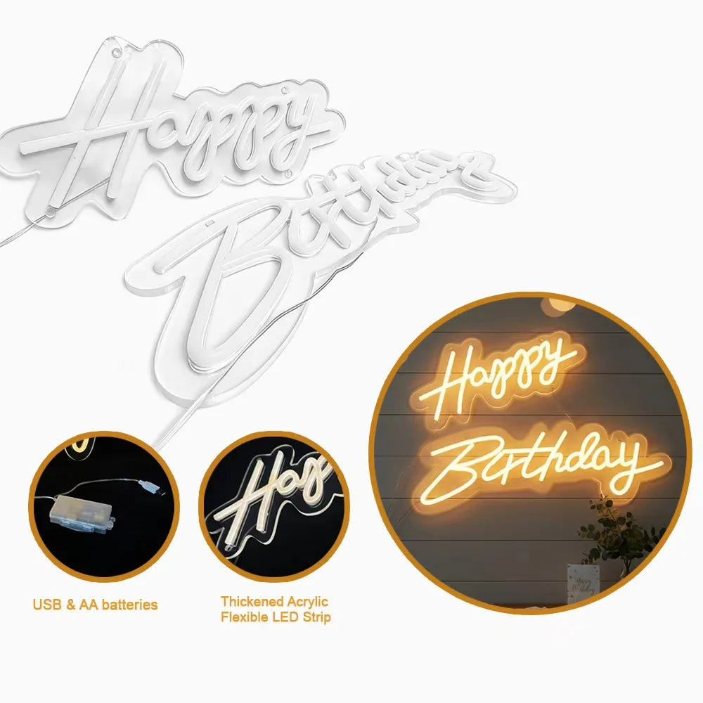 Happy Birthday Neon Sign LED – USB&AAA Powered Neon Light Wall Decor for Party Bedroom Living Room Birthday Decoration