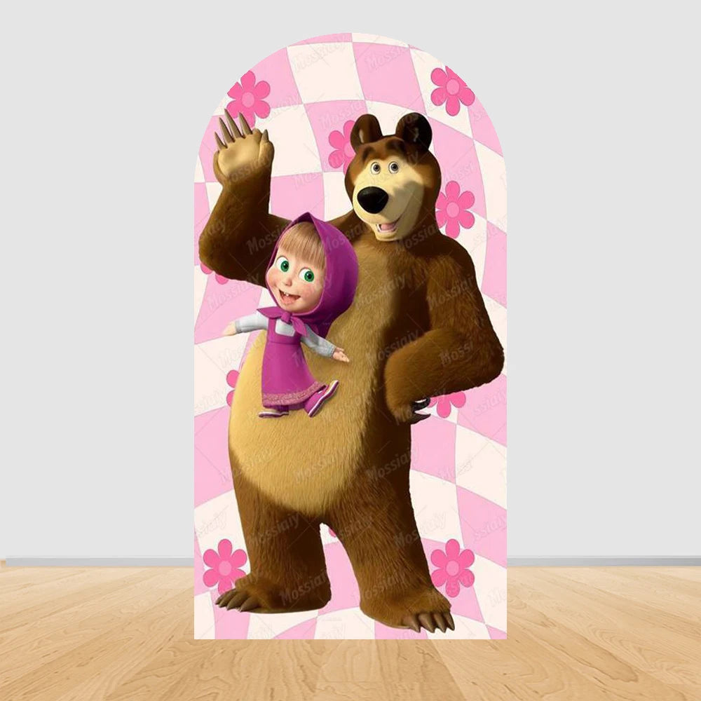 Children's Birthday Theme Arch Backdrop Girl and Bear Baby Shower Party Decor Kids Baptism Photo Photography Background Supplies