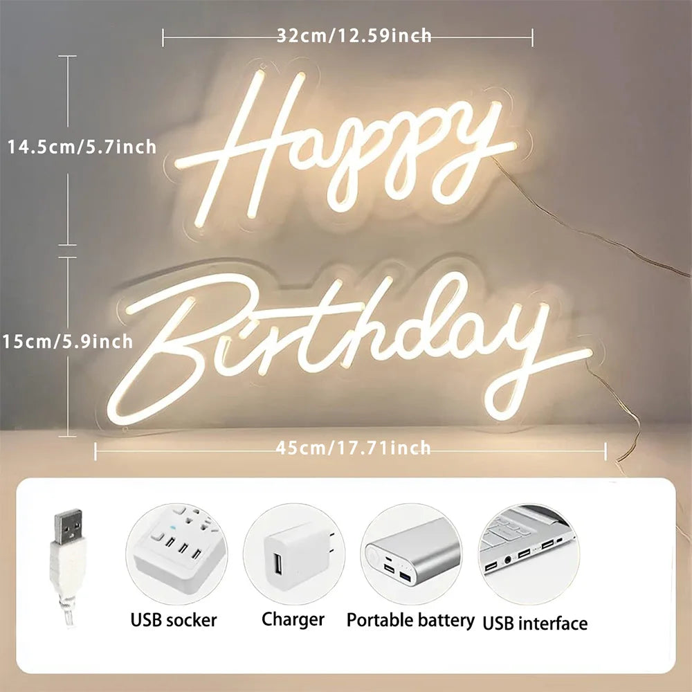 Happy Birthday Neon Sign LED – USB&AAA Powered Neon Light Wall Decor for Party Bedroom Living Room Birthday Decoration
