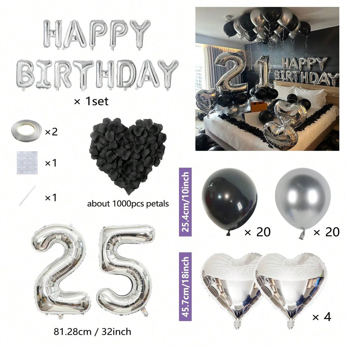 Black & Silver Birthday Party Balloon Decoration Set