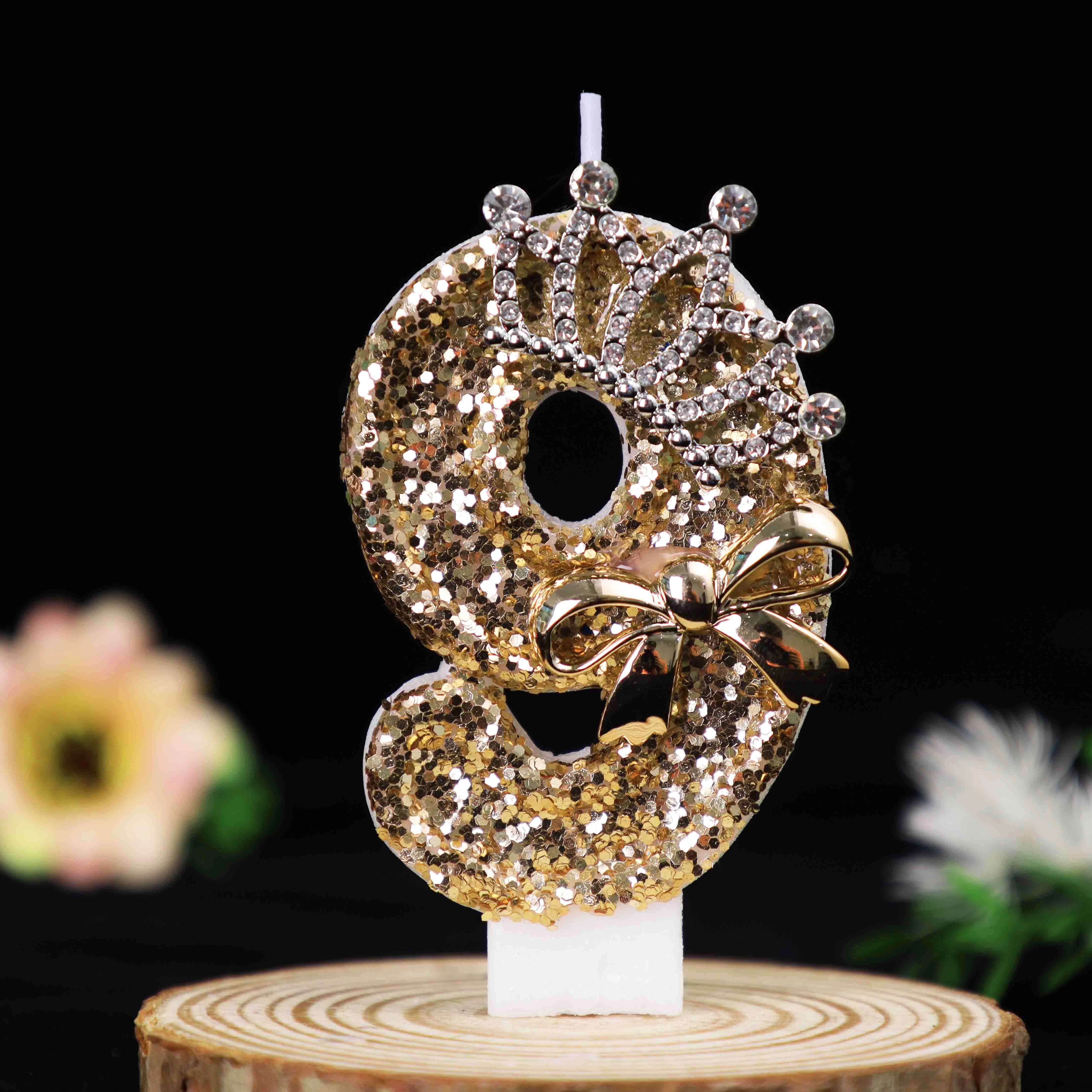 Luxury Gold Glitter Crown Number Birthday Candles, Rhinestone Bow Cake Topper, Atmosphere Decor for Party, Wedding, 18th Birthda