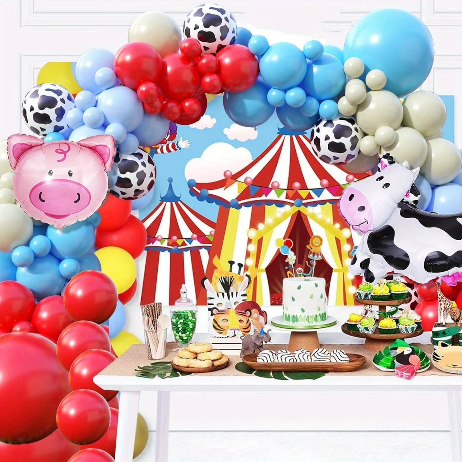 110pcs Red Blue Farm Animal Themed Balloon Garland Arch Kit,suitable for Birthday Farm Themed Birthday Party Decoration Supplies