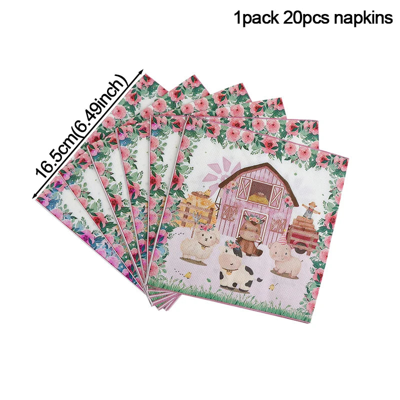 Pink Farm Animals Party Tableware & Decoration Set