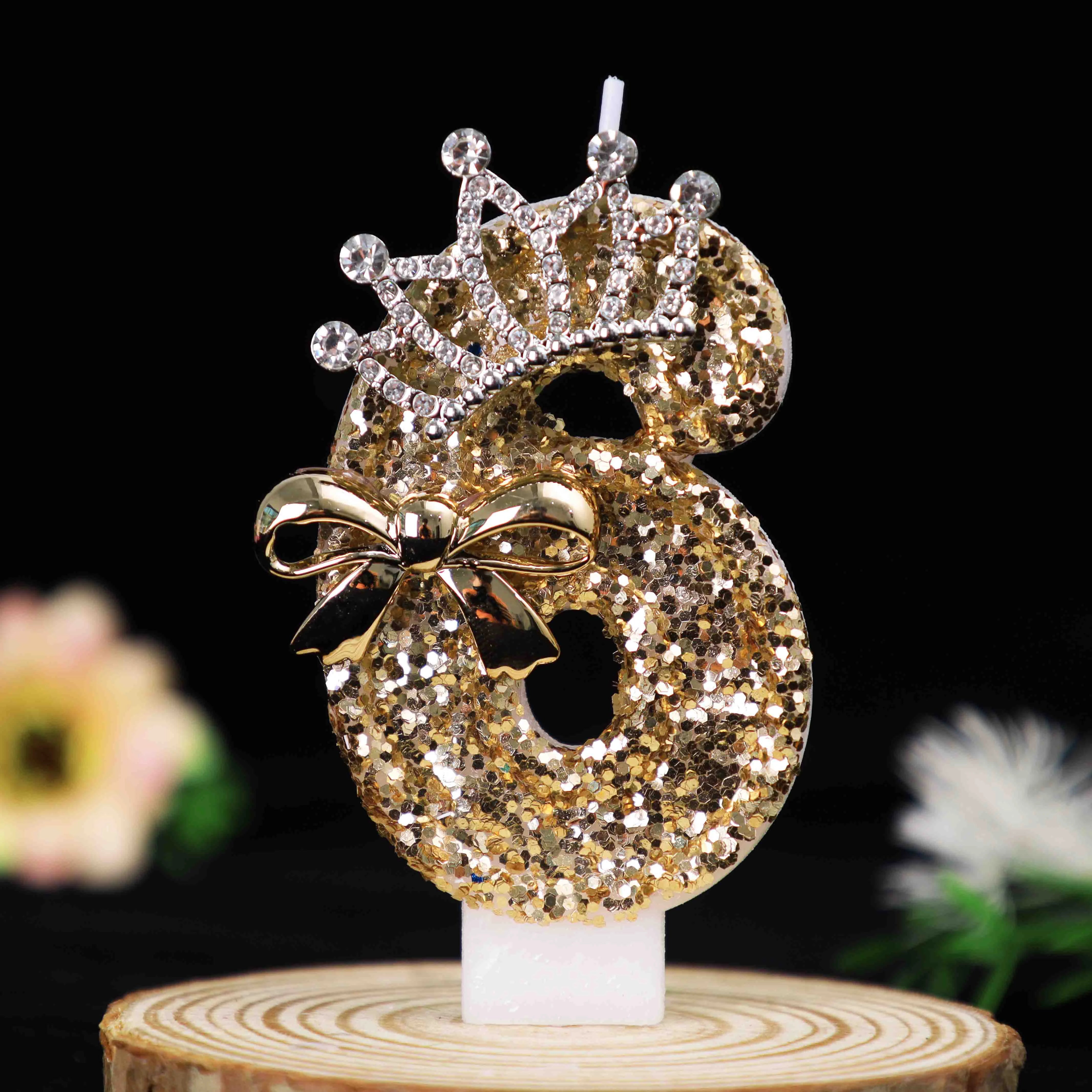 Luxury Gold Glitter Crown Number Birthday Candles, Rhinestone Bow Cake Topper, Atmosphere Decor for Party, Wedding, 18th Birthda